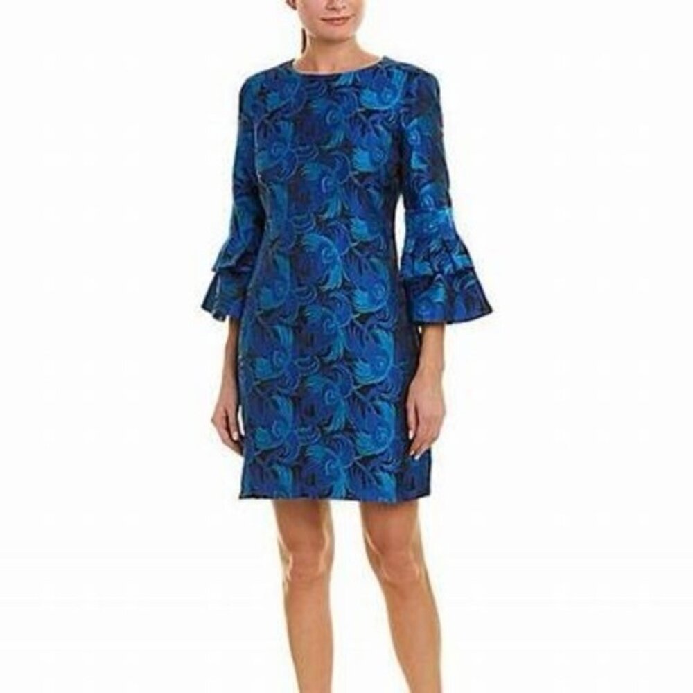 BELLE BADGLEY MISCHKA Blue Jacquard Tiered Bell Sleeve Shift Dress Size 2